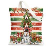 Weird Christmas Bull Terrier Dog Canvas Tote Bag for Shopping 13x15, Fun Cool Red Green Xmas Reusable Grocery Print Pattern Bag for Women, Holiday Beach Aesthetic Painting Gift Decor