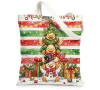 Weird Christmas Duck Canvas Tote Bag for Shopping 13x15, Fun Cool Red Green Xmas Reusable Grocery Print Pattern Bag for Women, Holiday Beach Aesthetic Painting Gift Decor