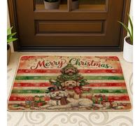 Weird Christmas Labradoodle Dog Front Black Door Mat Outside Inside Entrance 29x17 Inch, Fun Cool Red Green Xmas Outdoor Washable Doormat, Small Holiday Patio Garage Shoes Off Door Rug