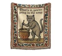 Weird Medieval Cat Woven Tapestry | Vintage Handicraft Wall Hanging & Throw Blanket | Funny Cat Quilt with Fringe Tassels | Soft Cotton Multipurpose Travel Mat