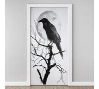 Weird Raven Full Moon 3D Door Stickers Self Adhesive, Crow Dead Tree Branche Wallpaper Peel and Stick, Day of The Dead Door Murals, PVC Waterproof Door Decal for Bedroom Living Room 77x200 cm U2e176