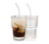 WeirdUncle Ribbed Glass Tumbler with Lids and Straws, Vintage Clear Glass Cups, Large Capacity, Unbreakable, Fluted Design, Ideal for Water, Iced Coffee, Juice, Tea, Latte, Gift (2pc 14oz)
