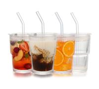 WeirdUncle Ribbed Glass Tumbler with Lids and Straws, Vintage Clear Glass Cups, Large Capacity, Unbreakable, Fluted Design, Ideal for Water, Iced Coffee, Juice, Tea, Latte, Gift (4pc 14oz)