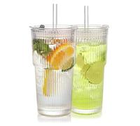WeirdUncle Ribbed Glass Tumbler with Lids and Straws, Vintage Clear Glass Cups, Large Capacity, Unbreakable, Fluted Design, Ideal for Water, Iced Coffee, Juice, Tea, Latte, Gift (2pc 20oz)