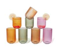 WeirdUncle Set of 8 Dopamine Color Coordinated Ribbed Glassware, 4 Highball Glasses 14oz & 4 Rocks Tumblers 9oz Origami Style Fluted Design Everyday Use Water