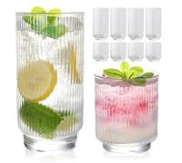 WeirdUncle Set of 8 Ribbed Glass Cups with Crystal Base,4 Highball Glasses 18oz & 4 Rocks Drinking Glasses 9oz, Art Deco, for Water, Iced coffee, Cocktail, Juice, Whiskey, Wine, Gift