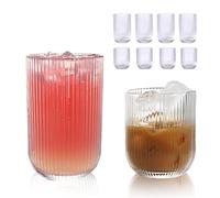 WeirdUncle Set of 8 Ribbed Glassware,4 Highball Glasses 14oz & 4 Rocks Drinking Glasses 9oz, Clear, Origami Style, Fluted Design, for Milk, Water, Cocktail, Juice, Beer, ToothBrush Cup, Gift