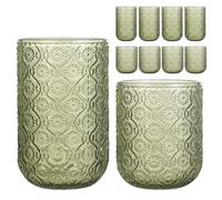 WeirdUncle Set of 8 Vintage Embossed Glassware,4 Highball Glasses 14oz & 4 Rocks Drinking Glasses 9oz, Art Deco, for Wine, Water, Cocktail, Juice, Whiskey, Gift (Green)