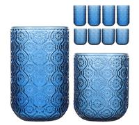WeirdUncle Set of 8 Vintage Embossed Glassware,4 Highball Glasses 14oz & 4 Rocks Drinking Glasses 9oz, Blue, Art Deco, for Wine, Water, Cocktail, Juice, Whiskey, Gift