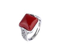 WEISHA S925 Silver Vintage Silver Ring Wave Pattern Design Stone Inlaid Square Women's Ring red Agate