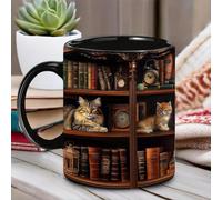 WEISIPU Black Ceramic Cat Library Cup, 11oz Reading-Themed Coffee Mug | Novelty Kitty Bookcase Drinkware, 11oz Ceramic Tea Cup for Home Office, Birthday, Christmas, Housewarming or Everyday Use