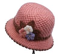 WEISIPU Women’s Winter Warm Knit Cloche Hat with Crochet Flower Layer Windproof Womens Knitted Crochet Beanie Hat Floral Crochet Vintage Hat Breathable Knit Skullcap Pink