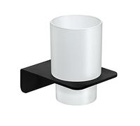 WEISSENSTEIN Self Adhesive Cup Holder & Tumbler - 3M VHB Industrial Strength - 100% Stainless Steel and Frosted Glass - Wall Mounted - Black