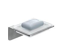 WEISSENSTEIN Self Adhesive Square Soap Dish - 3M VHB Industrial Strength - 100% Stainless Steel and Frosted Glass - Wall Mounted - For Sinks and Bathtubs - Silver