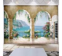 WEITAOSM 3D European Style Oil Painting sea View Balcony Flower Mural Living Room Bedroom Study Mural Creative Art Wallpaper (self-Adhesive PVC)