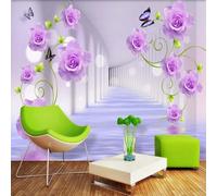 WEITAOSM 3D Hand-Painted Purple Rose Flower Butterfly Extension Space Mural Living Room Study Wall Art Poster (self-Adhesive PVC)