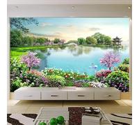 WEITAOSM 3D Natural Landscape Lake Plants Flowers Pavilion Mural Study Living Room TV Sofa Mural Fashion Wallpaper (Self-Adhesive PVC)