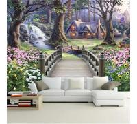 WEITAOSM 3D Plants Flowers Grass House Wooden Bridge Natural Scenery Oil Painting Wallpaper Bedroom Living Room Sofa Art Wallpaper (Self-Adhesive PVC)