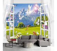 WEITAOSM 3D Window Snow Mountain Grassland Animal Deer Natural Landscape Mural Living Room TV Sofa Restaurant Art Poster (Self-Adhesive PVC)