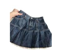 WEITING American retro kawaii denim mini skirt female sexy lace stitching high waist pleated denim skirt shorts summer-Blue-M