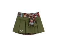 WEITING American retro plaid pleated skirt with bow new summer high waist A-line skirt female student clothes school hot girl street wear-Green-L