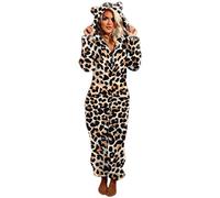 WEITING Autumn Winter Animal Leopard Tiger Print Onesies Women Long Sleeve Pajamas Hooded Jumpsuit Warm Plush Fleece Sleepwear Pijama-Auburn,M