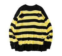 WEITING Black Striped Sweater Ripped Sweater Men Pullover Hollow Out Hole Knit Jumpers Punk Unisex Loose Oversized Pullovers Streetwear-yellow-2XL