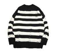 WEITING Black Striped Sweater Ripped Sweater Men Pullover Hollow Out Hole Knit Jumpers Punk Unisex Loose Oversized Pullovers Streetwear-white-2XL