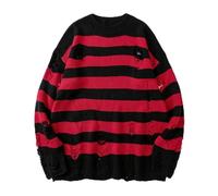 WEITING Black Striped Sweater Ripped Sweater Men Pullover Hollow Out Hole Knit Jumpers Punk Unisex Loose Oversized Pullovers Streetwear-red-M
