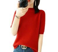 WEITING Cashmere Blended Knitted Sweater Women's Top Summer Half High Neck Short Sleeve Soft Comfortable Solid Color Short Sleeve Dessert-red-S