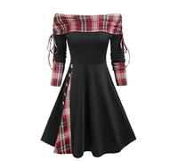 WEITING Cinched Striped Flare Dress Foldover Off The Shoulder Knitted Dresses Women Long Sleeve-Black3501,M