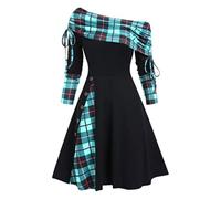 WEITING Cinched Striped Flare Dress Foldover Off The Shoulder Knitted Dresses Women Long Sleeve-Green0501,M