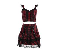 WEITING Egirl Emo Dress Set Red Plaid Crop Tops with Pleated Punk Skirt Grunge Y2k Clothes Gothic Clothes Aesthetic Black Goth Tank -Red-S