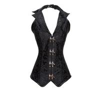 WEITING European and American punk style jacquard V-neck shaping top Gothic palace halter neck vest waist corset-black-S