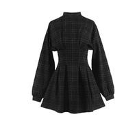 WEITING Goth Dress Gothic Harajuku Vintage Plaid Wrap Balck Mini Dress Retro Pleated Punk Long Sleeve Dark Aesthetic Kpop-Gray grid,M