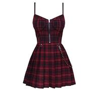 WEITING Gothic Girls Red Plaid Pleated Dress Zip Up Robe Femme Punk Black Spaghetti Strap Mini Short Goth Streetwear-red plaid,M