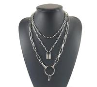 WEITING New Layered Link Chain Neck Heart Necklace Lock Key Pendant Necklaces Women Men Choker Padlock Chains Goth Jewelry-silver