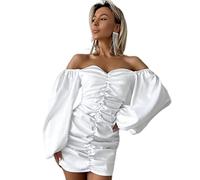WEITING Satin Strapless Puff Sleeve Mini Dress For Women Autumn New Off-shoulder Backless Bodycon Ruched Short Dresses-White,M