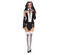 WEITING Sexy Nun Costume Adult Women Religious Sister Cosplay Dress With Headpiece Socks Gloves For Halloween Party Fancy Dress-Black,XL