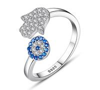 WEITING Sterling Silver Evil Eye Blue Eye Hamsa Hand Fatima Hand Adjustable Female Rings Open Size Ring Wedding Jewelry-Resizable,White Gold Color