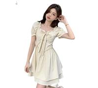 WEITING Sweet Kawaii White Preppy Style Women Mini Dress Summer Bow Square Collar Bow Puff Sleeve Cute Tiered Princess Dress Female-Khaki,S