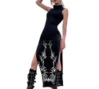 WEITING Women Harajuku Print Gothic Black Long Dresses Vintage Sleeveless Academia Sundress Cute Fashion Korean Outfits Summer Dress-Black,S