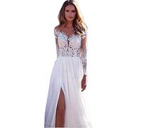 WEITING Women Long-Sleeved Lace Wedding Dress Bridesmaid Dress Dress Temperament Prom Evening Dress Split Long Skirt-White,XL