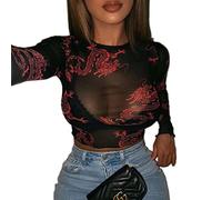 WEITING Women T-Shirt Fashion Sexy Ladies Female Mesh See-Through Autumn Long Sleeve Pullover Slim Chinese Style Dragon Print Top-A,XL
