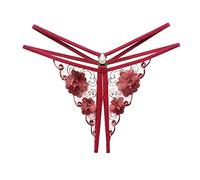WEITING Womens Sexy Lingerie Open Crotch Pearl Underwear Lady Crotchless Lace Panties Briefs Flower Embroidery Women Thongs G String-Burgundy,One Size