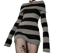 WEITING Y2K Striped Sweater Mini Dress Mall Goth Grunge Emo Bodycon Chic Women Off Shoulder Full Sleeve Slim Fit Dresses 00s Vintage-Black-M