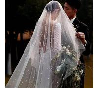 WEITINGKKK Wedding Bridal Veil Hen Party Veil, 200/300 * 150cm Can Cover face Pearl Veil One Layer Bridal Veils Cathedral 3 Meters White Ivory Pearls Bride Wedding Accessories(Ivory,300cm)
