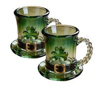 WEIWOGU Lucky Shamrock Leprechaun Hat Glass Mug, St. Patrick’s Day Leprechaun Hat Glass Mug, Emerald Green Gradient Glass Beer Cup with Gold Rim, Irish Coffee Mugs, Festival Drinkware Gift (2PCS)