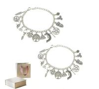 WEIWOGU Vintage Witchy Charm Bracelet, Silver-Tone Adjustable Link Chain with Celtic Tree of Life, Triquetra, Moon, Pentacle Owl, Sun Feather, gothic charm bracelet, celestial charms for Women (2pcs)