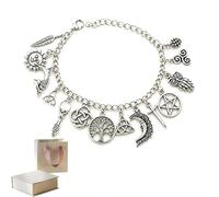 WEIWOGU Vintage Witchy Charm Bracelet, Silver-Tone Adjustable Link Chain with Celtic Tree of Life, Triquetra, Moon, Pentacle Owl, Sun Feather, gothic charm bracelet, celestial charms for Women (1pcs)